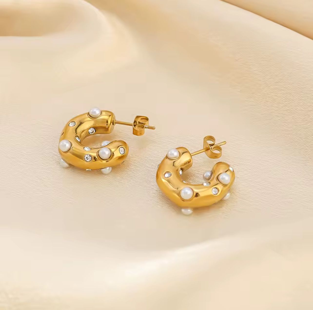 Chunky Gold Hoop Earrings with Pearls & Zircon