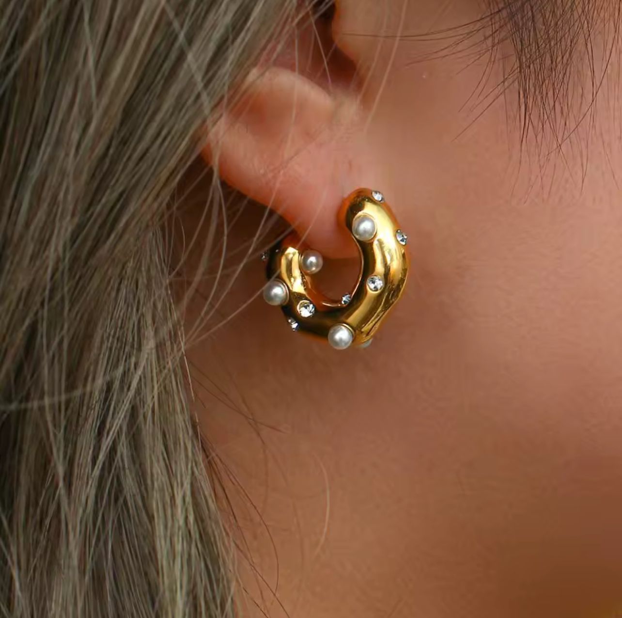 Chunky Gold Hoop Earrings with Pearls & Zircon
