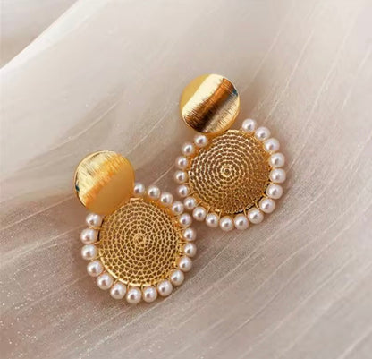 Elegant Pearl Round Drop Earrings – Stainless Steel Gold Statement Earrings for Women