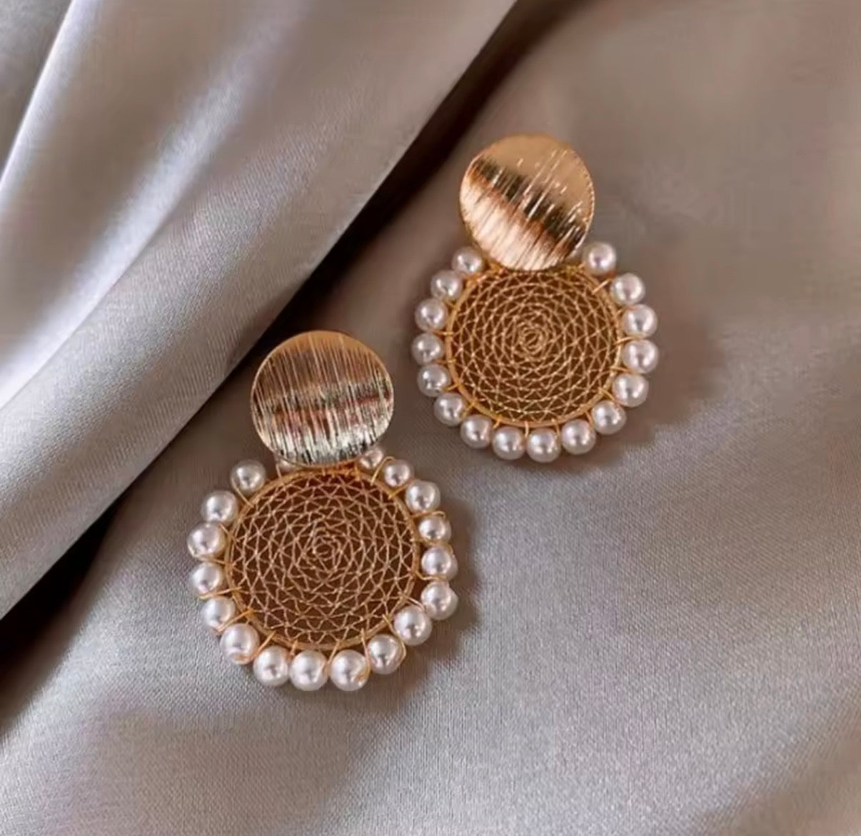 Elegant Pearl Round Drop Earrings – Stainless Steel Gold Statement Earrings for Women