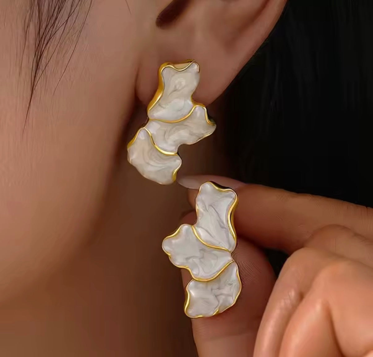Elegant Marbled Resin Statement Earrings – Black & White | Gold-Tone Stainless Steel