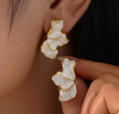 Elegant Marbled Resin Statement Earrings – Black & White | Gold-Tone Stainless Steel