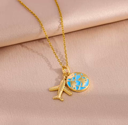 World Explorer Airplane & Globe Necklace | Stainless Steel Travel Jewelry | Waterproof Gift for Travelers