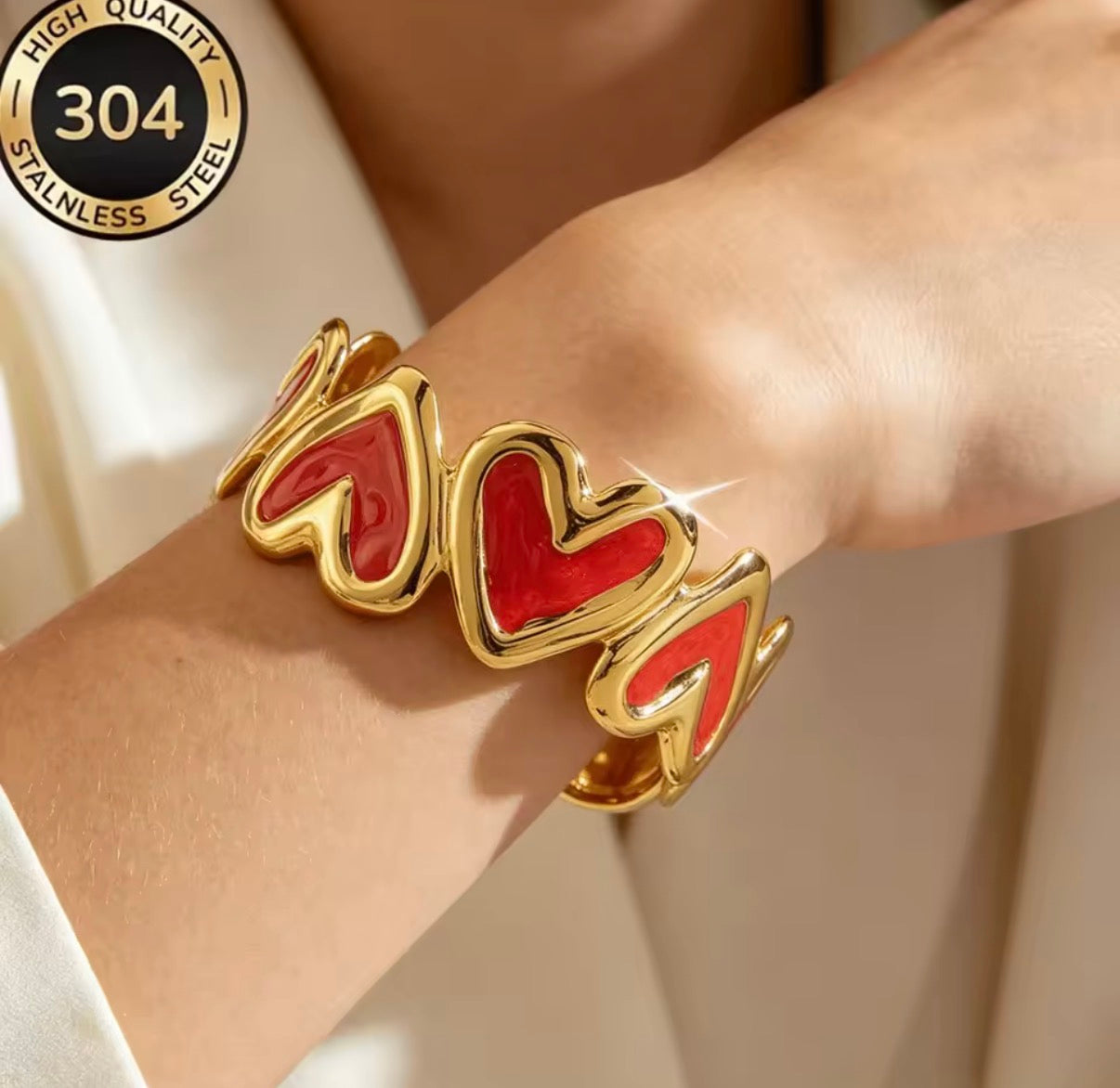 Stainless Steel Heart Charm Bangle Bracelet – Waterproof