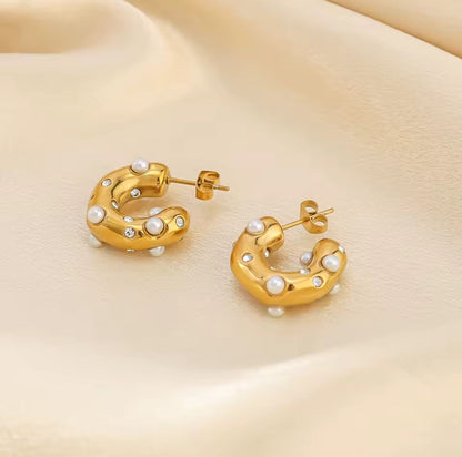 Chunky Gold Hoop Earrings with Pearls &amp; Zircon